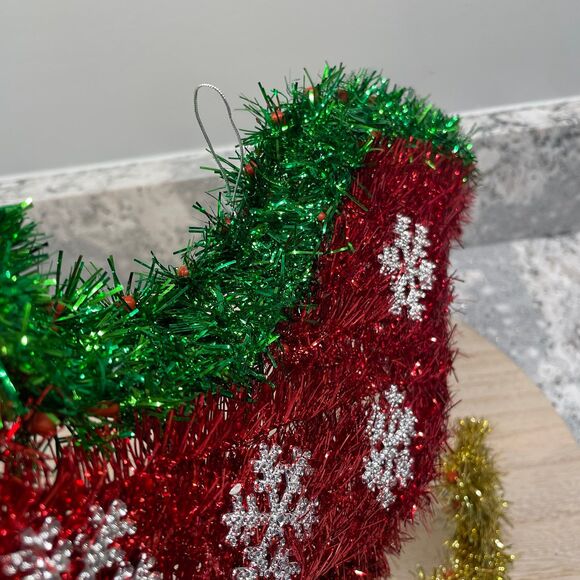 Vintage Tinsel Garland Wrapped Sleigh Frame w/ Snowflakes Christmas Decoration - Picture 2 of 6
